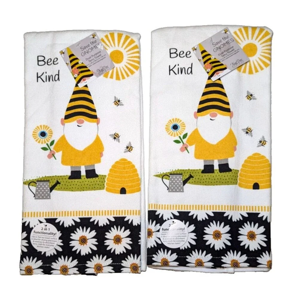 BEE KIND Kitchen Towels 2-pc Honeybee Gnome & Daisy Kay Dee Designs Gift